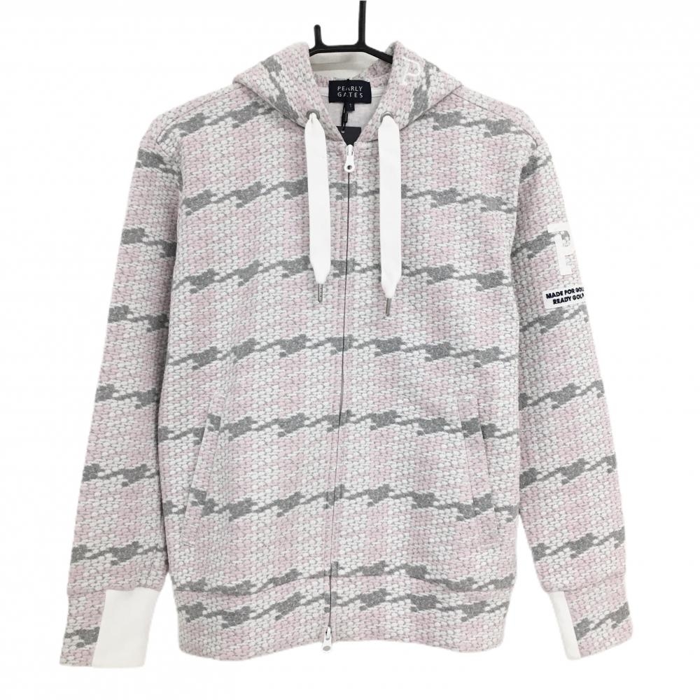 【新品】パーリーゲイツ ジップパーカー ピンク×グレー 総柄 ボーダー風 凸凹生地 袖ワッペン レディース 1(M) ゴルフウェア PEARLY GATES