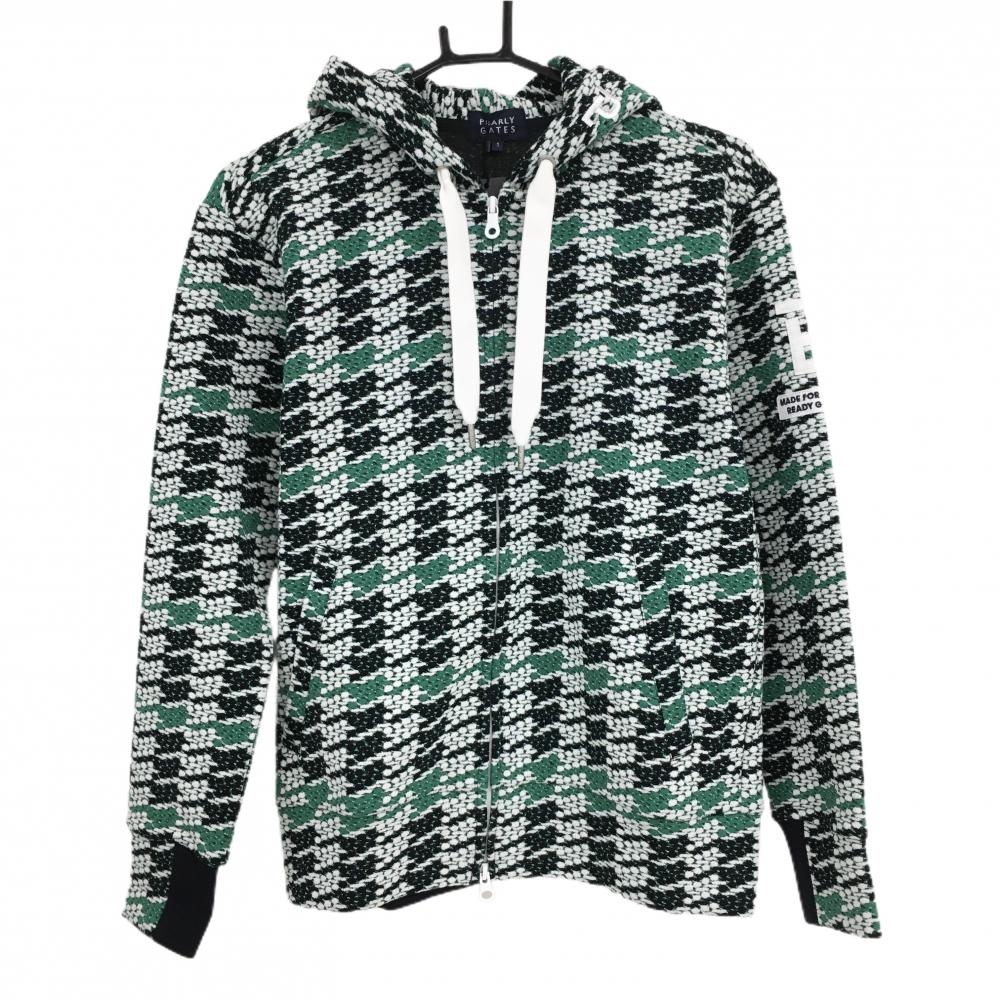 【新品】パーリーゲイツ ジップパーカー 黒×白×グリーン 総柄 凸凹生地 袖ワッペン レディース 1(M) ゴルフウェア PEARLY GATES
