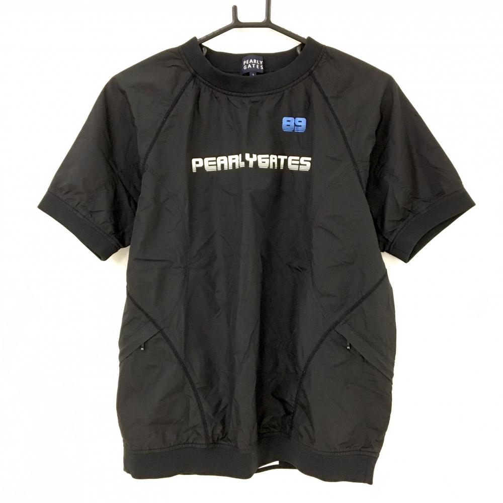 【美品】パーリーゲイツ 半袖ナイロンブルゾン 黒 ナイロン100％ メッシュ裏地 ロゴ レディース 2(L) ゴルフウェア PEARLY GATES