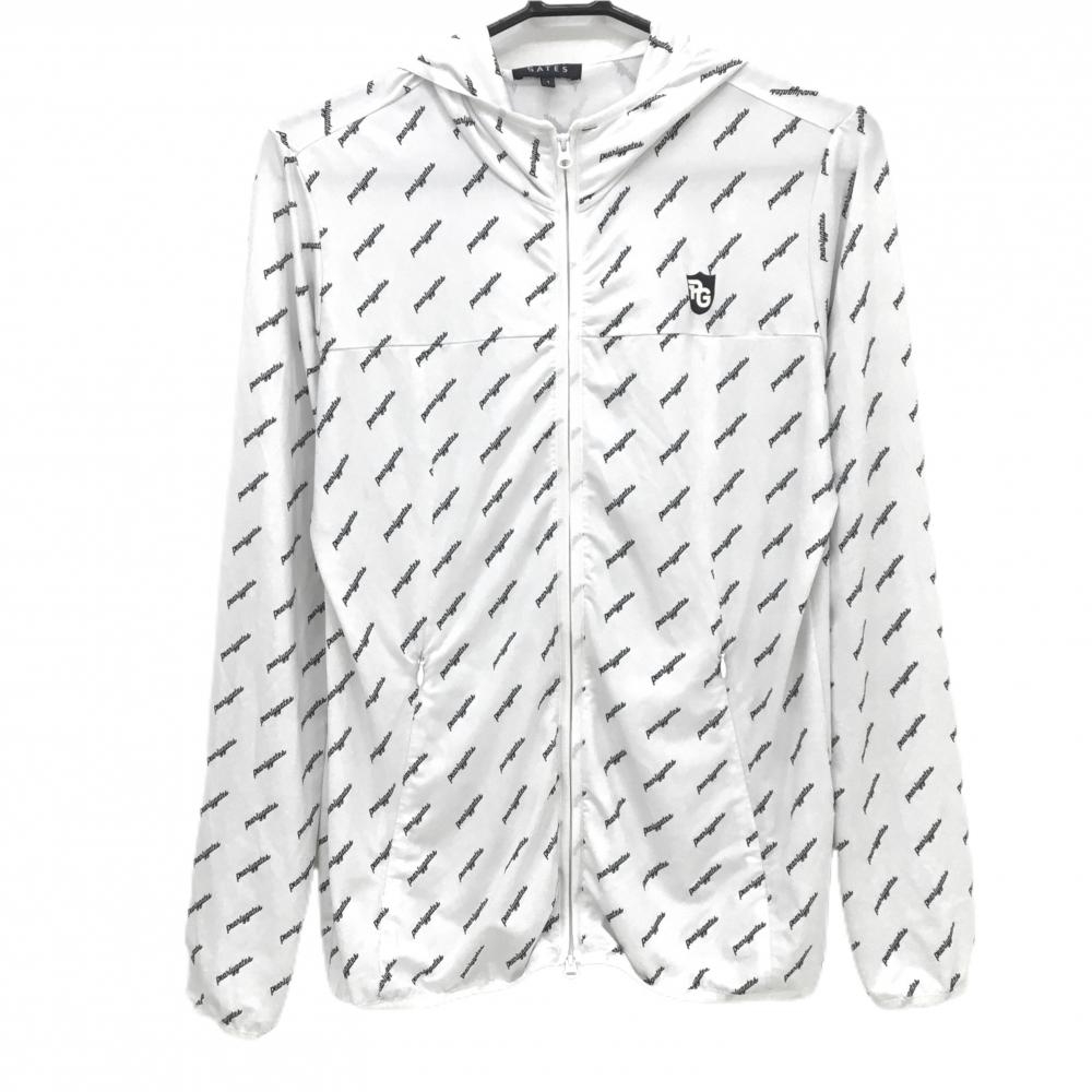 【美品】パーリーゲイツ ジップパーカー 白×ネイビー 斜めロゴ総柄 ストレッチ レディース 1(M) ゴルフウェア PEARLY GATES