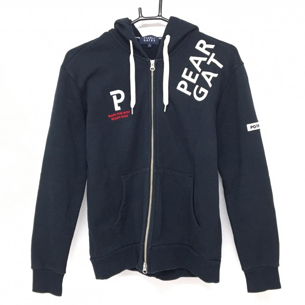 【美品】パーリーゲイツ スウェットジップパーカー 黒 コットン100％ ロゴ白 レディース 1(M) ゴルフウェア PEARLY GATES