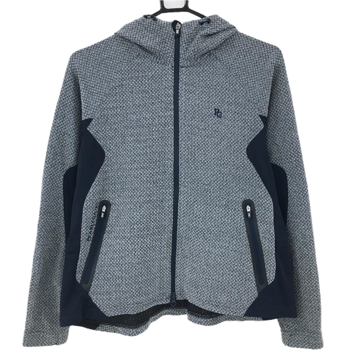 【超美品】パーリーゲイツ ジップパーカー グレー×ネイビー 織生地 サイド異素材切替 レディース 2(L) ゴルフウェア PEARLY GATES