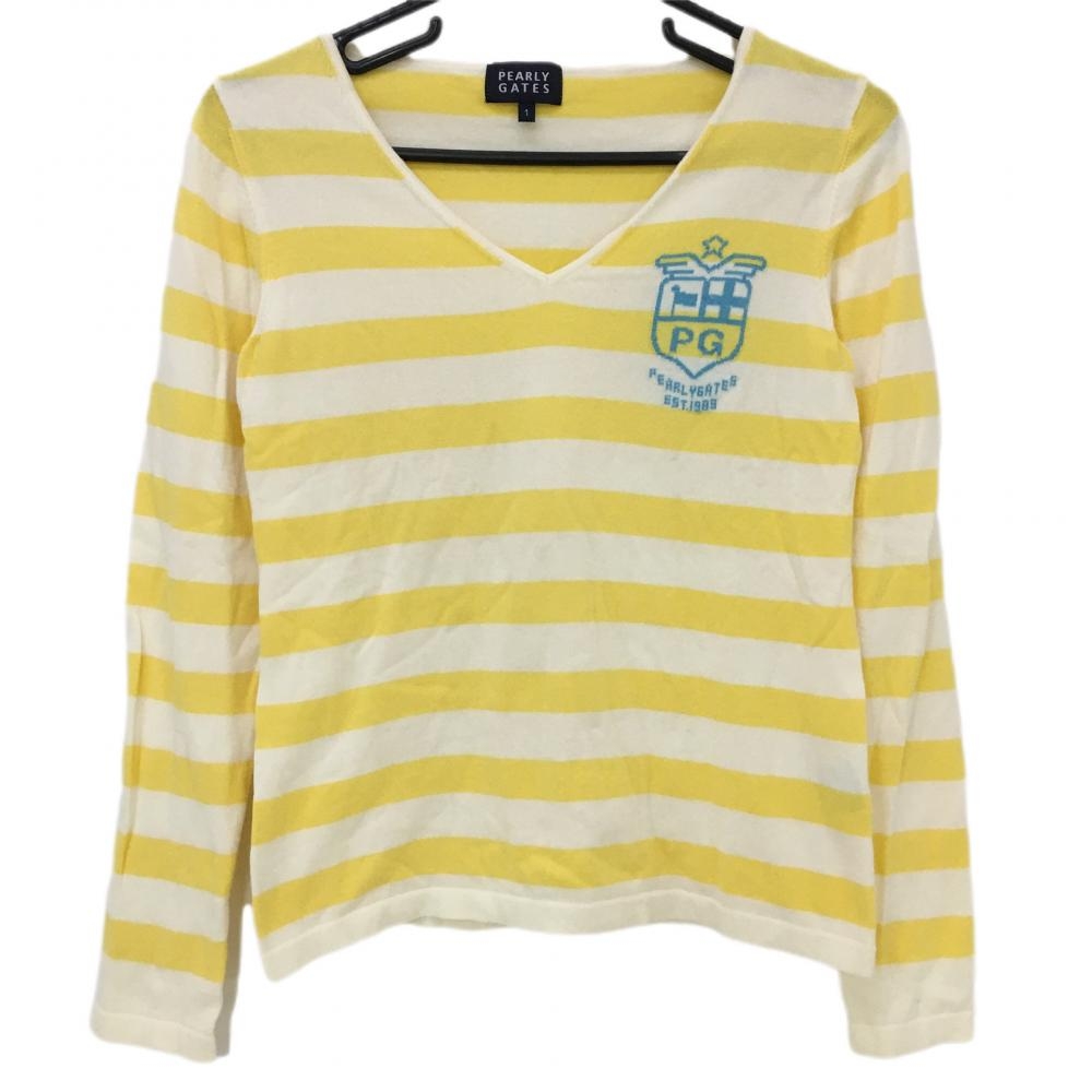 【美品】パーリーゲイツ セーター イエロー×白 ボーダー ニット コットン混 Vネック レディース 1(M) ゴルフウェア PEARLY GATES