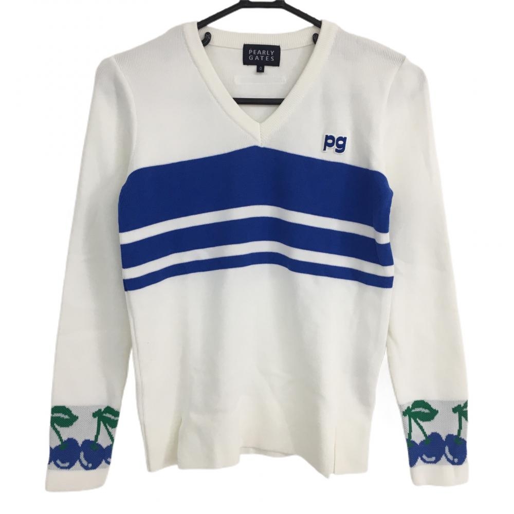 【超美品】パーリーゲイツ セーター 白×ブルー 袖口さくらんぼ柄 ニット Ｖネック レディース 0(S) ゴルフウェア PEARLY GATES