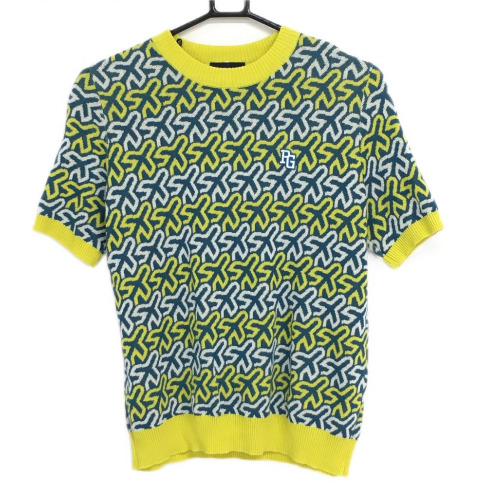 【超美品】パーリーゲイツ 半袖セーター イエロー×グリーン 総柄 ニット レディース 1 ゴルフウェア サンプル品 PEARLY GATES