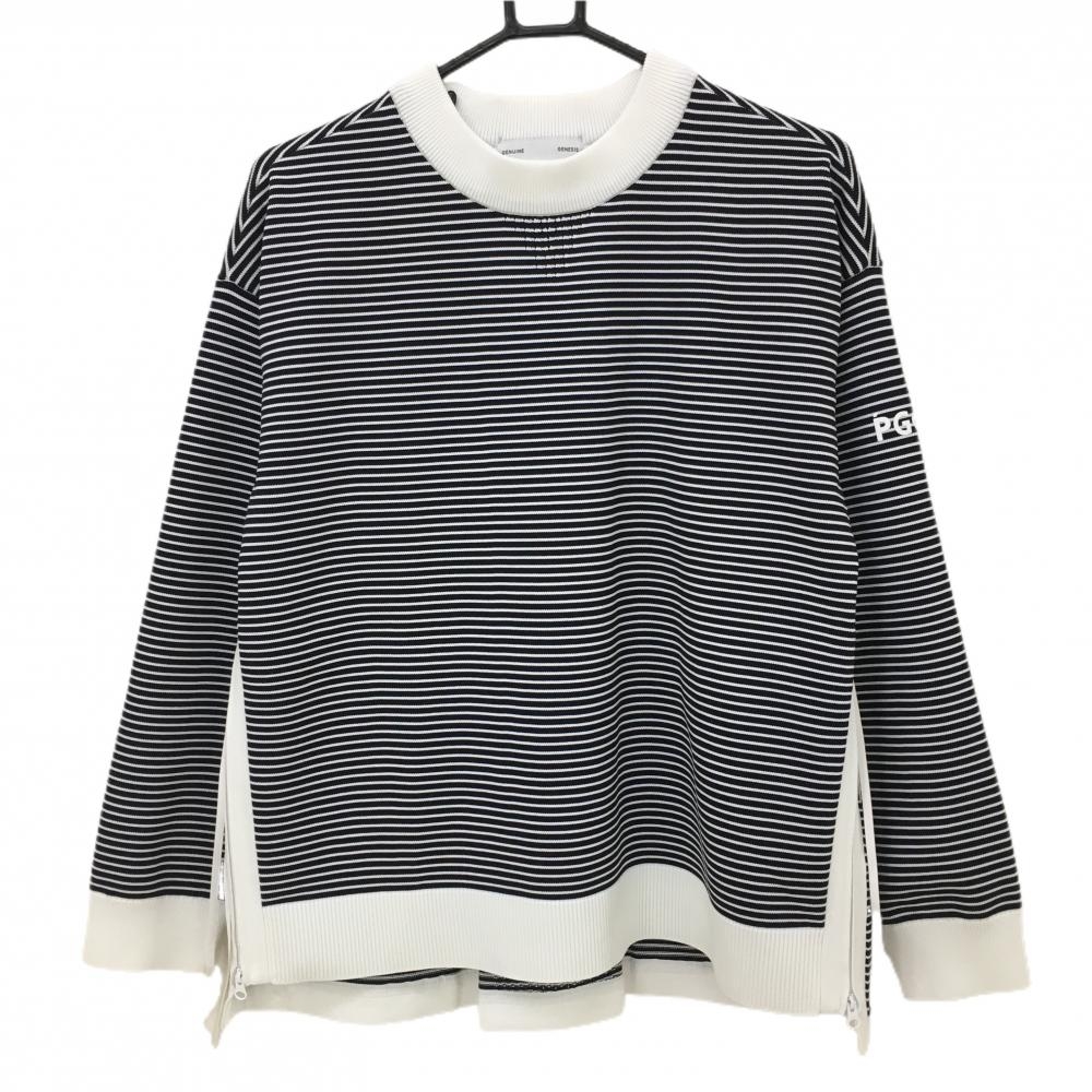 【超美品】パーリーゲイツ セーター 白×ネイビー ボーダー PGG サイドジップ ニット レディース 2(L) ゴルフウェア PEARLY GATES