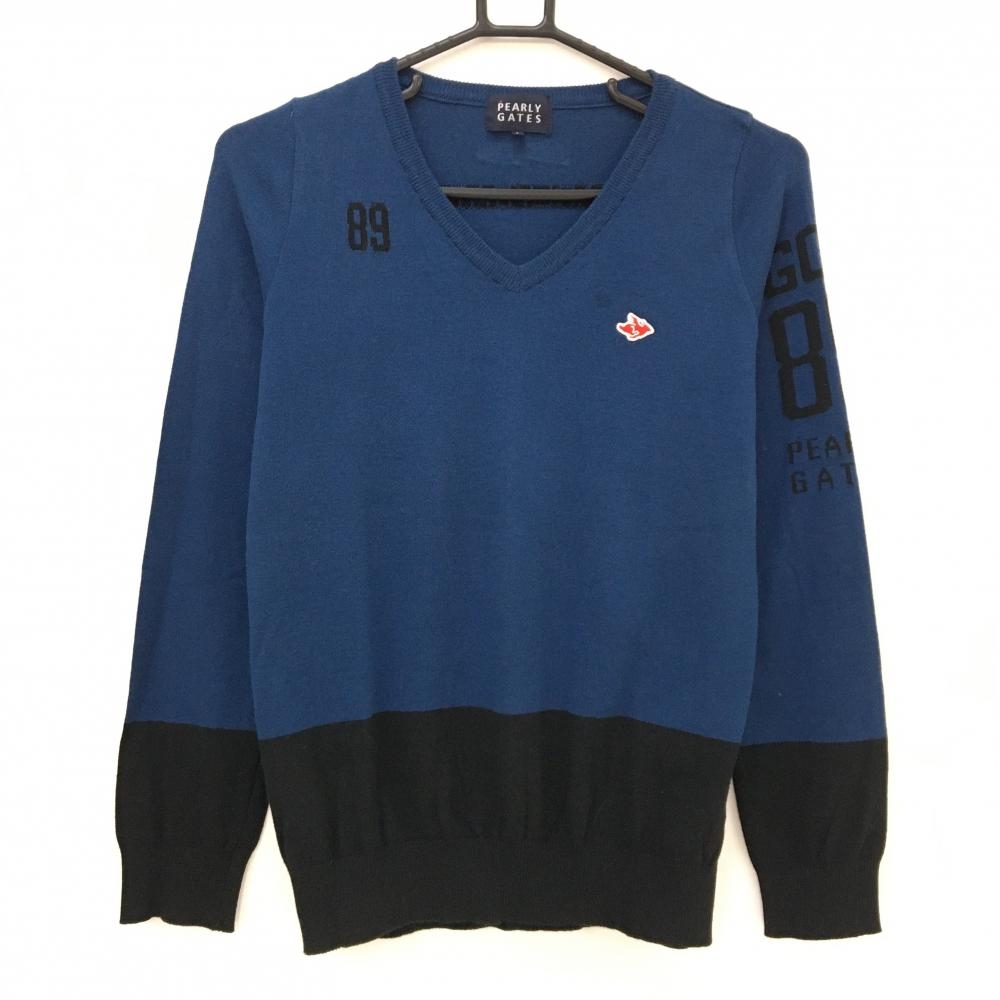 【美品】パーリーゲイツ セーター ネイビー×ダークネイビー コットン混  レディース 1(M) ゴルフウェア PEARLY GATES