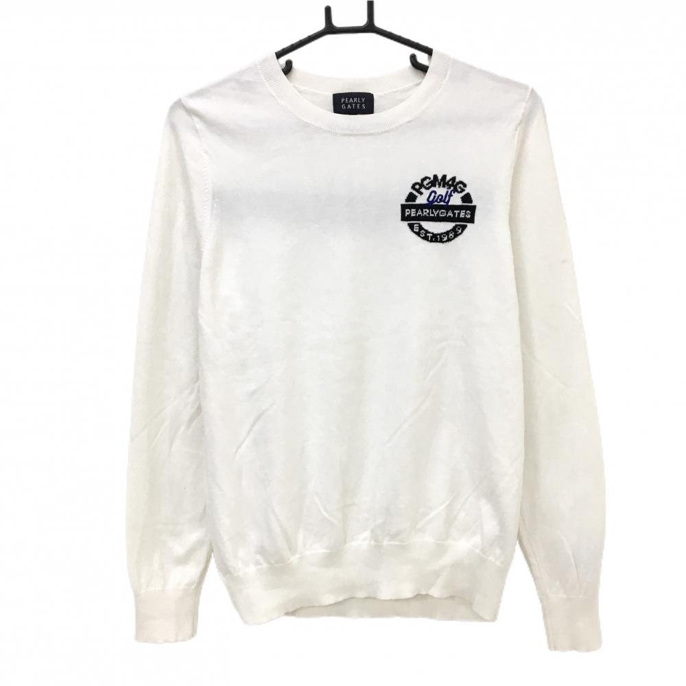 【美品】パーリーゲイツ セーター 白×ネイビー コットン100％ バックロゴ レディース 2(L) ゴルフウェア PEARLY GATES