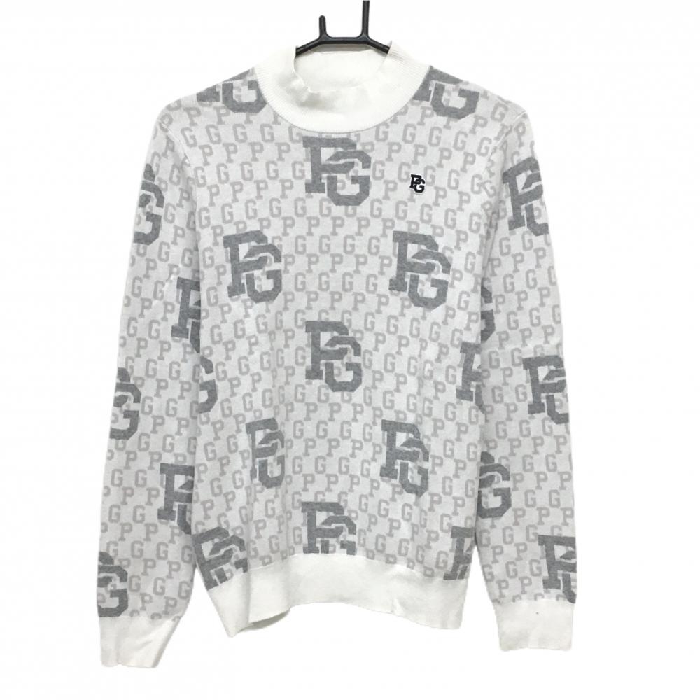 【超美品】パーリーゲイツ セーター 白×グレー ロゴ総柄 ニット レディース 2(L) ゴルフウェア 2024年モデル PEARLY GATES