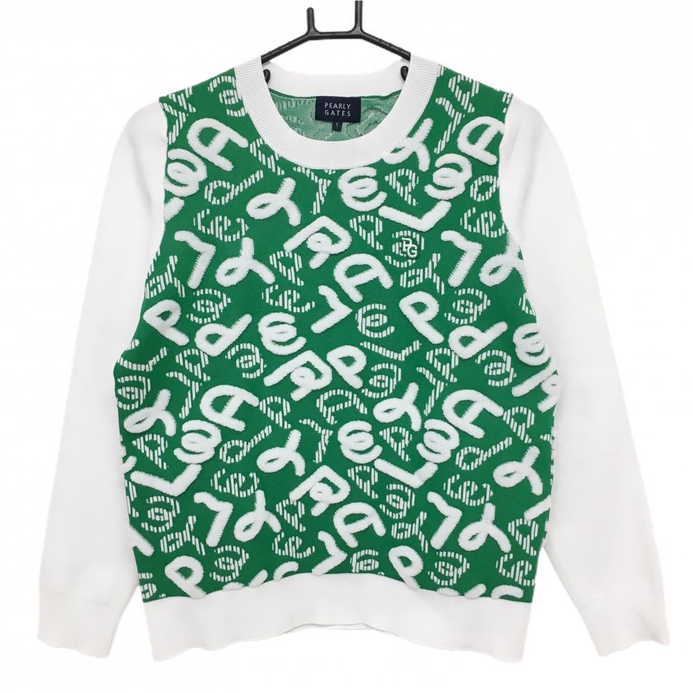 【美品】パーリーゲイツ セーター グリーン×白 身頃総柄  レディース 1(M) ゴルフウェア 2023年モデル PEARLY GATES