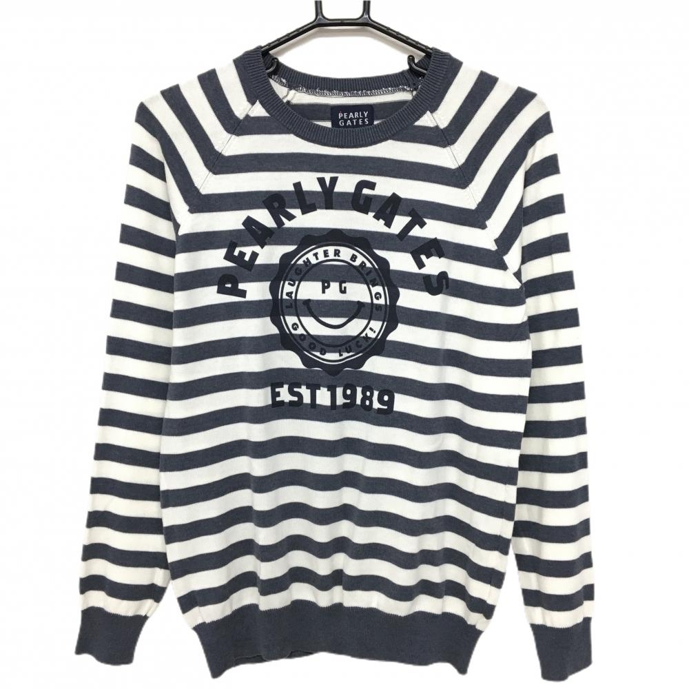 【美品】パーリーゲイツ セーター グレー×白 ボーダー コットン混 ニット レディース 2(L) ゴルフウェア PEARLY GATES