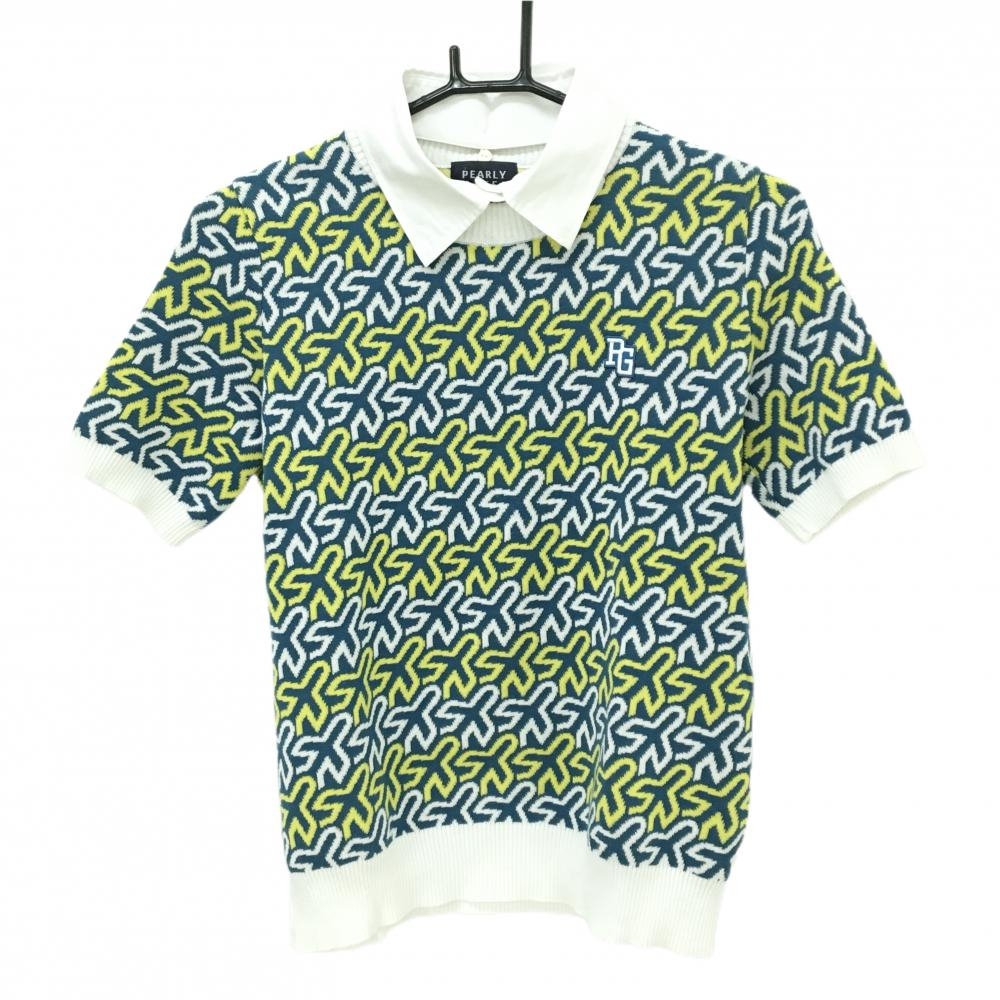 【美品】パーリーゲイツ 2WAY半袖セーター ブルーグリーン×イエロー×白 飛行機総柄 ニット  レディース 0(S) ゴルフウェア PEARLY GATES