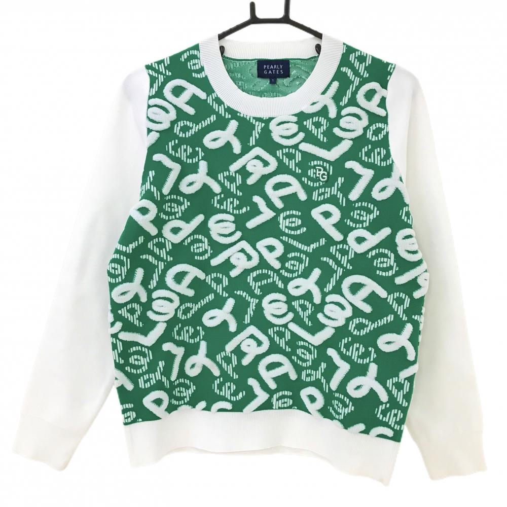 【美品】パーリーゲイツ セーター グリーン×白 身頃総柄 凹凸 ニット レディース 1(M) ゴルフウェア 2023年モデル PEARLY GATES