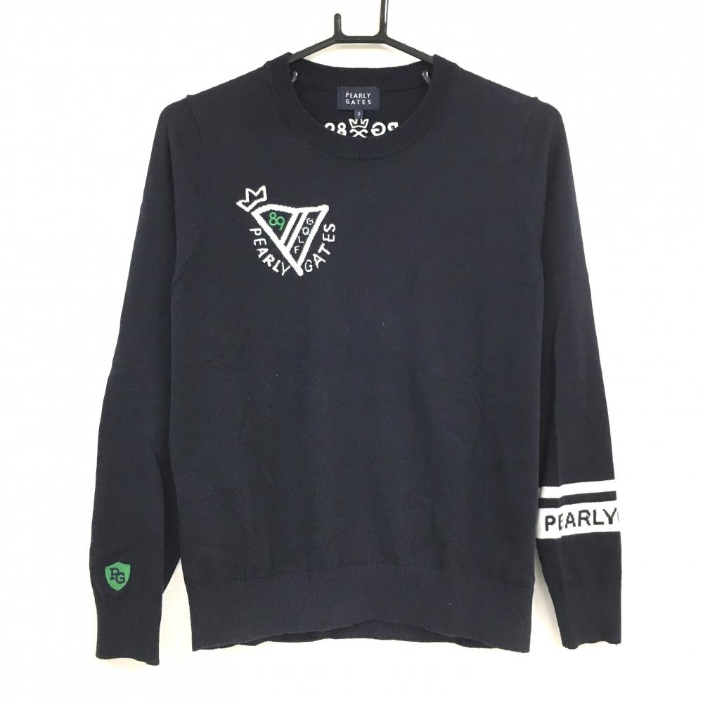 【美品】パーリーゲイツ セーター ネイビー×白 コットン 袖ロゴ ニット  レディース 0(S) ゴルフウェア PEARLY GATES