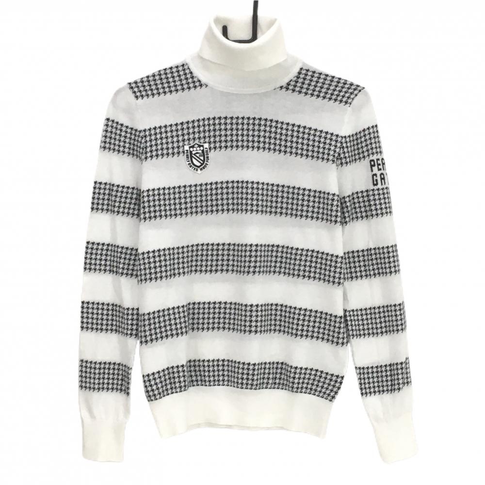 【美品】パーリーゲイツ タートルネックセーター 白×黒 ボーダー 千鳥格子  レディース 1(M) ゴルフウェア PEARLY GATES