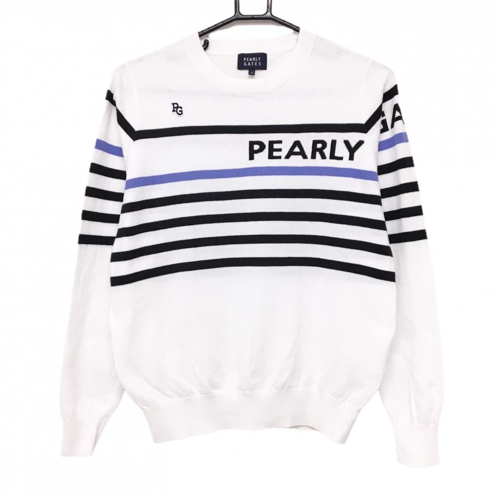 【超美品】パーリーゲイツ セーター 白×ネイビー 一部ボーダー コットン100%  レディース 0(S) ゴルフウェア 2024年モデル PEARLY GATES