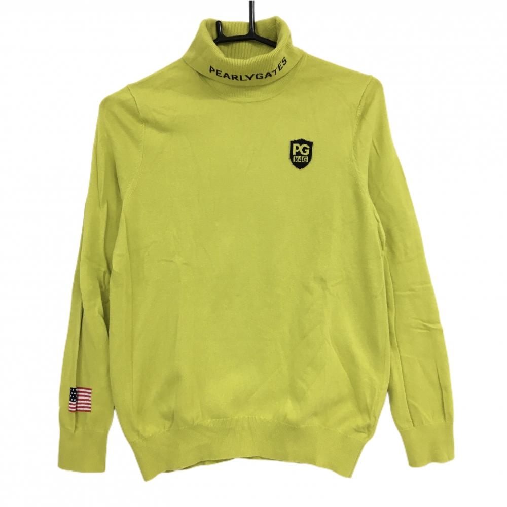 【美品】パーリーゲイツ タートルネックセーター イエロー ロゴネイビー コットン混 レディース 1(M) ゴルフウェア PEARLY GATES