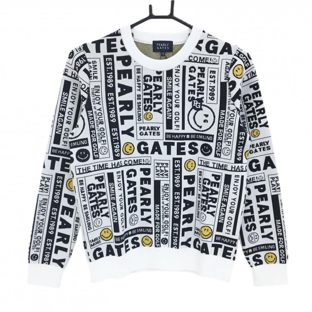 【新品】パーリーゲイツ セーター 白×黒 総柄 ニコちゃん スマイル ニット レディース 0(S) ゴルフウェア PEARLY GATES