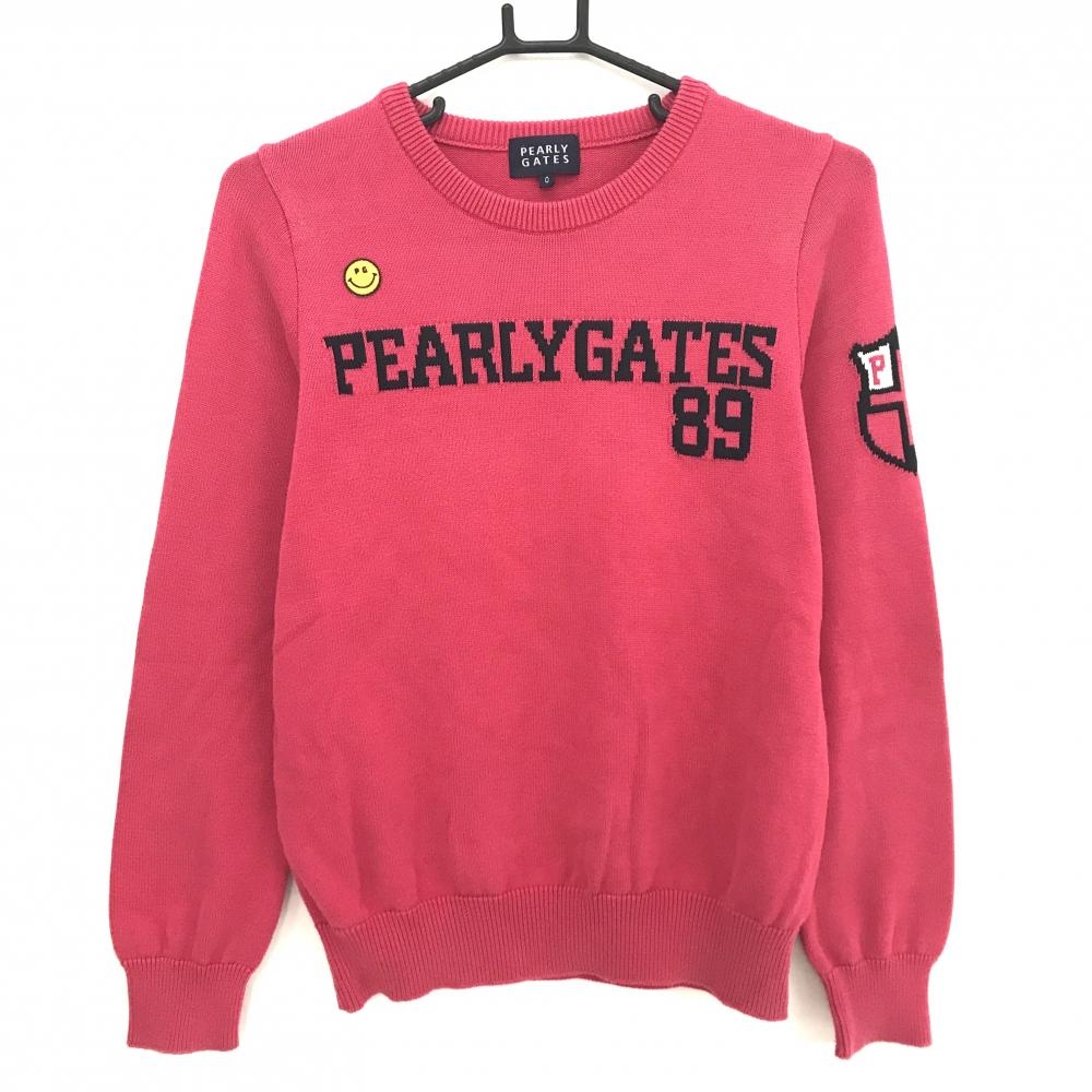 パーリーゲイツ セーター ピンク×黒系 ニコちゃん スマイル フロントロゴ コットン100％  レディース 0(S) ゴルフウェア PEARLY GATES