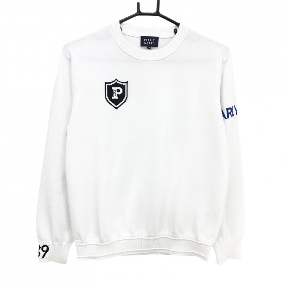 【美品】パーリーゲイツ セーター 白×ネイビー×ブルー 胸・袖ロゴ ニット レディース 1(M) ゴルフウェア PEARLY GATES