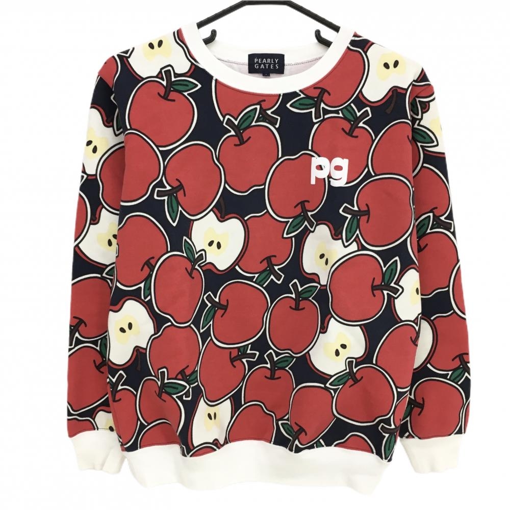 【超美品】パーリーゲイツ トレーナー ネイビー×レッド アップル総柄 裏起毛 レディース 1(M) ゴルフウェア PEARLY GATES