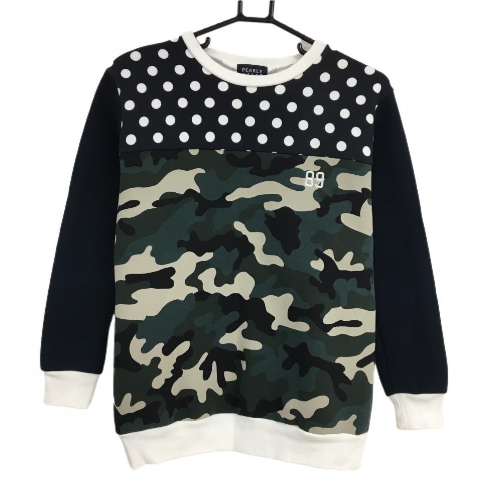 【美品】パーリーゲイツ トレーナー ダークネイビー×白×ライトグレー 上部ドット 身頃迷彩   レディース 1(M) ゴルフウェア PEARLY GATES