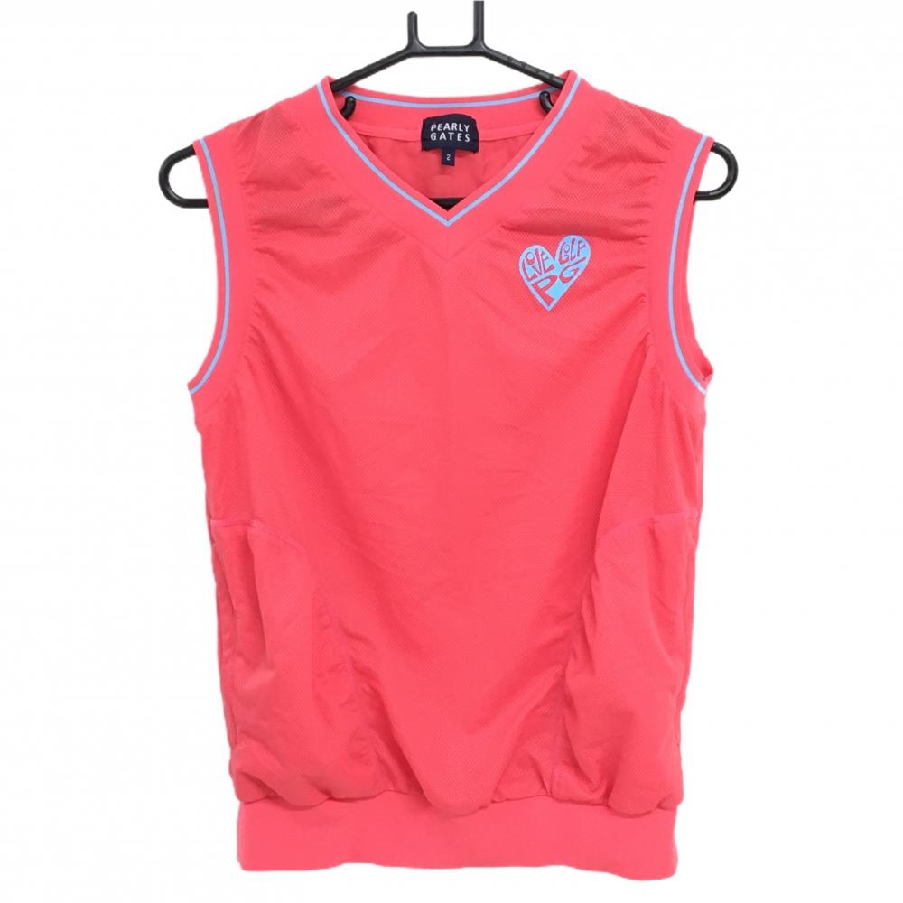 【超美品】パーリーゲイツ アウターベスト レッドピンク系×ライトブルー メッシュ調 Vネック レディース 2(M) ゴルフウェア PEARLY GATES