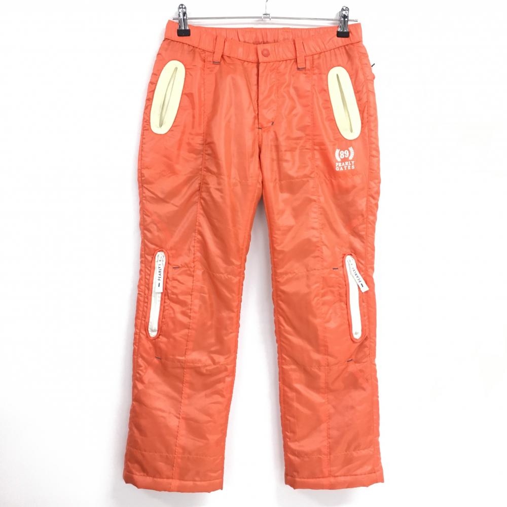 【美品】パーリーゲイツ 中綿パンツ オレンジ×ライトイエロー ロゴプリント レディース 1(M) ゴルフウェア PEARLY GATES