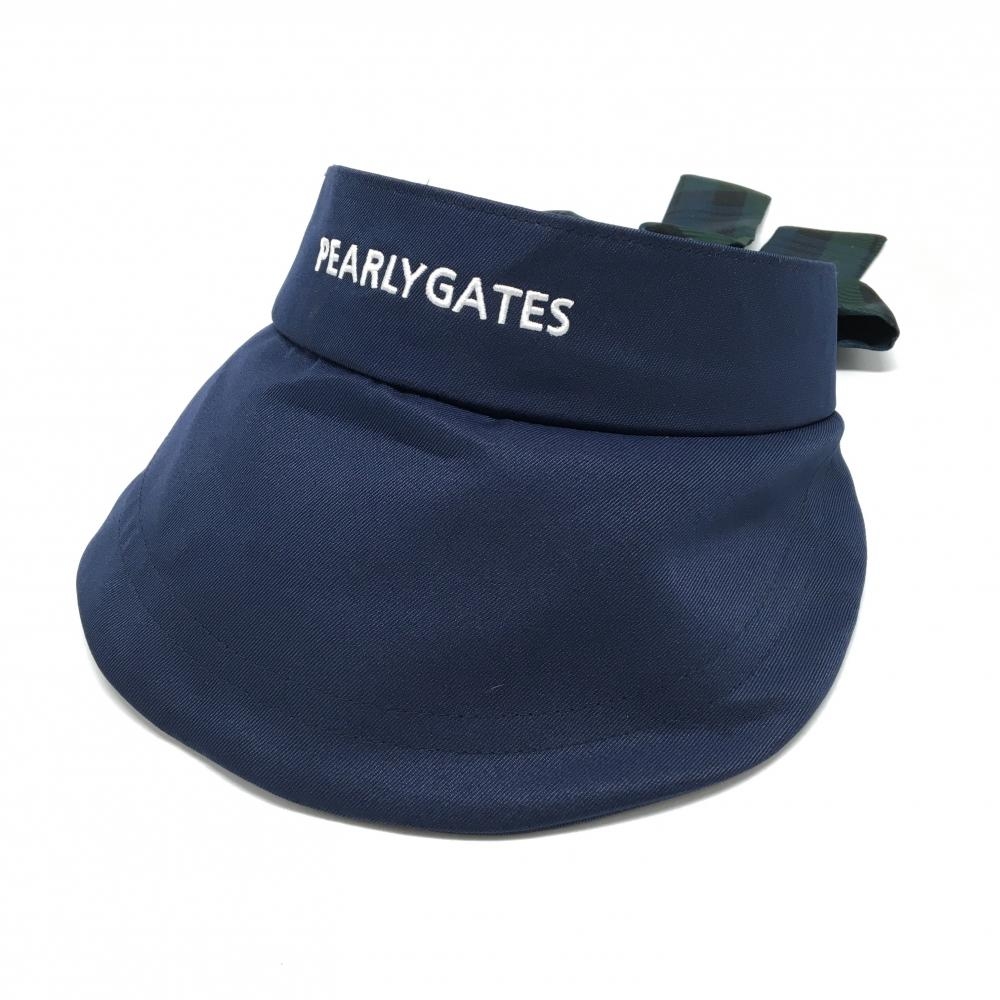 【美品】パーリーゲイツ つば広サンバイザー ネイビー 後ろリボン  レディース FR ゴルフウェア PEARLY GATES