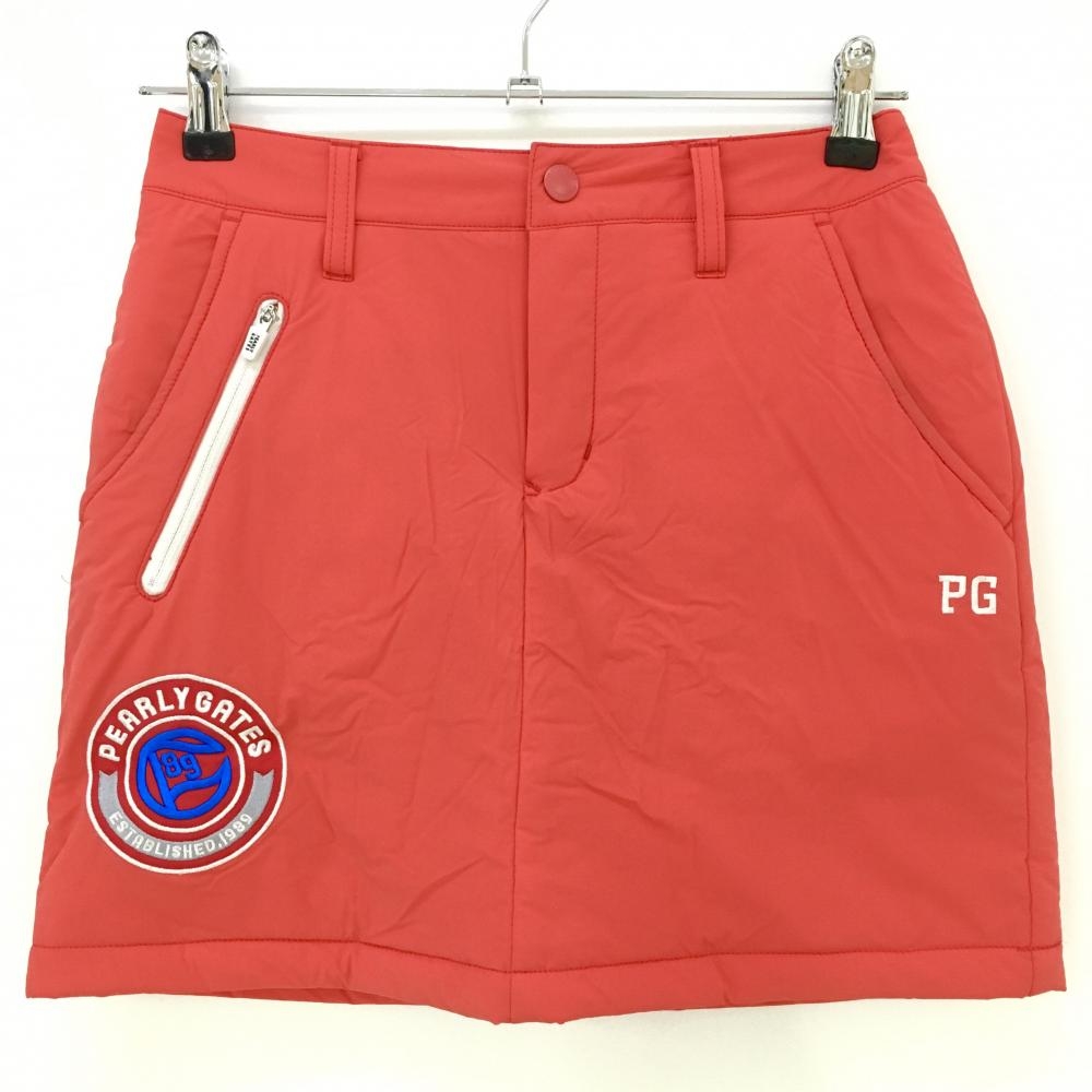【美品】パーリーゲイツ 中綿スカート レッド ニコちゃん スマイル ポケット口うす汚れ レディース 00(XS) ゴルフウェア PEARLY GATES