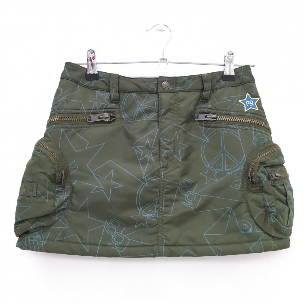 【超美品】パーリーゲイツ 中綿スカート カーキ×ライトブルー 星・総柄 複数ポケット レディース 0(S) ゴルフウェア PEARLY GATES