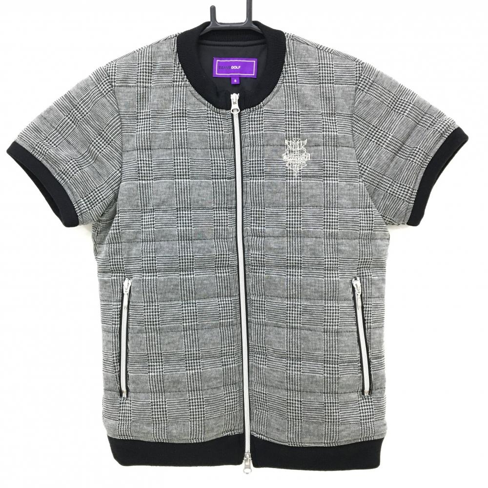 【超美品】ビームスゴルフ 半袖中綿ジャケット 黒×ライトグレー グレンチェック 蓄熱裏地 レディース S ゴルフウェア BEAMS GOLF