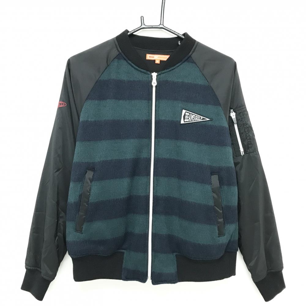 【超美品】ビームスゴルフ 中綿ジャケット 黒×グリーン 身頃ボーダー ロゴ刺しゅう ウール混  レディース M ゴルフウェア BEAMS GOLF