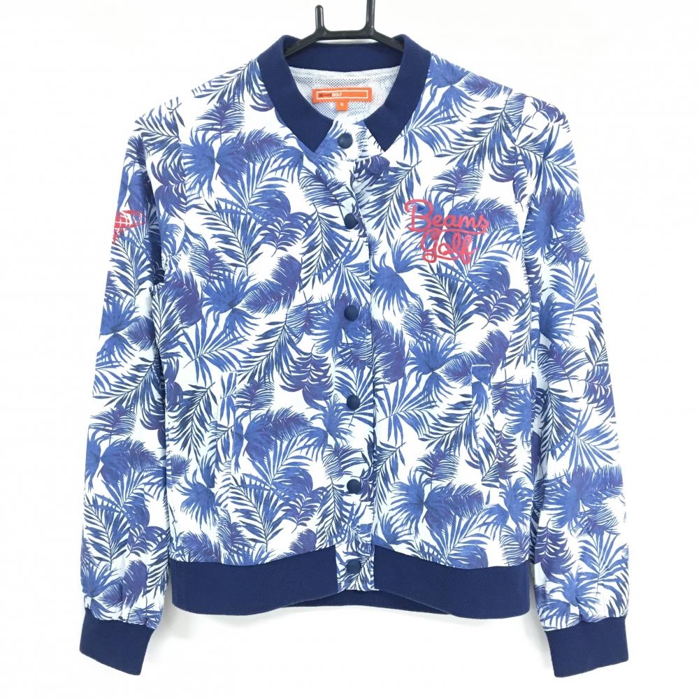 ビームスゴルフ ジャケットブルゾン 白×ブルーネイビー リーフ柄 ロゴプリント  レディース S ゴルフウェア BEAMS GOLF