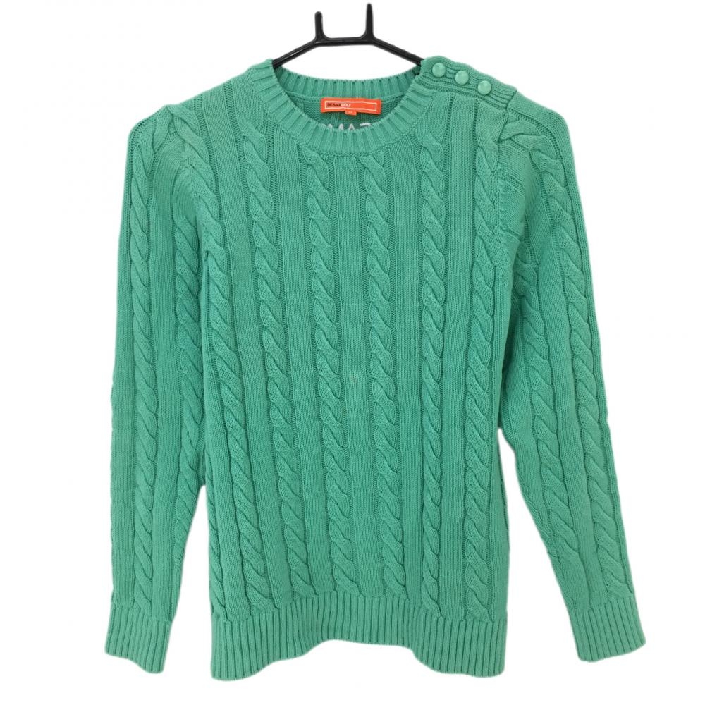 ビームスゴルフ セーター ミントグリーン ケーブル編み 綿100％ 肩ボタン ニット  レディース Ｍ ゴルフウェア BEAMS GOLF