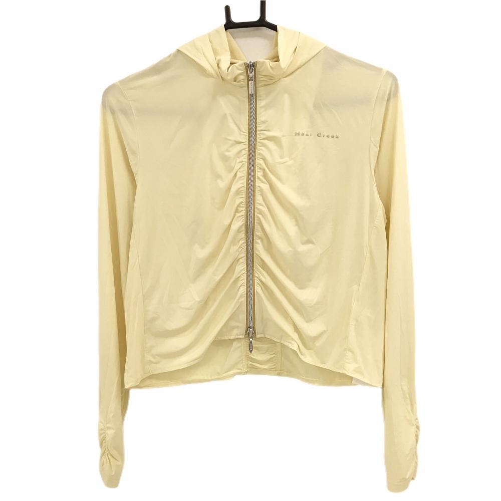 【超美品】ヒールクリーク ナイロンジャケット ライトイエロー 胸元ロゴ フード付き 薄手 レディース 40(M) ゴルフウェア Heal Creek