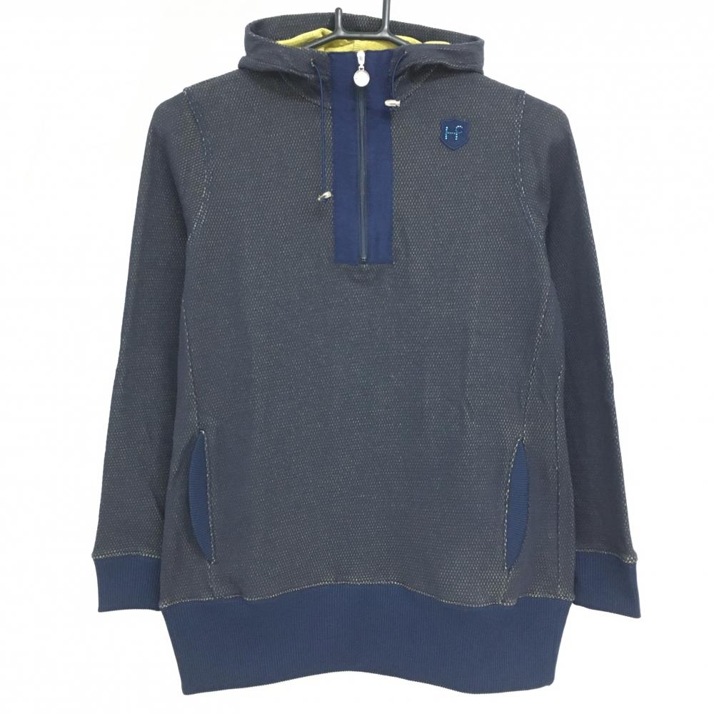 【超美品】ヒールクリーク 飾りフート付トレーナー ネイビー×イエロー系  レディース 40(M) ゴルフウェア Heal Creek