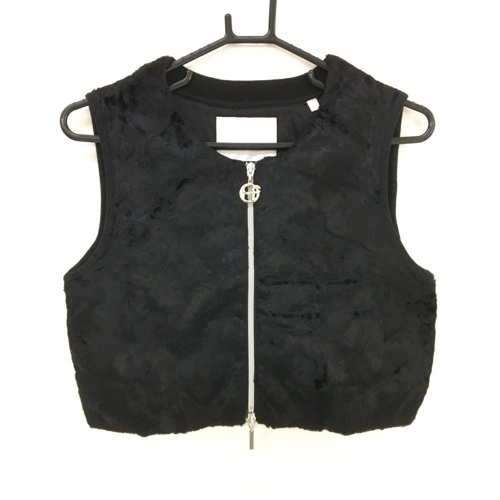 【超美品】ヒールクリーク 中綿切替ベスト 黒 前身頃ファー ダブルジップ ニット レディース 40(M) ゴルフウェア Heal Creek