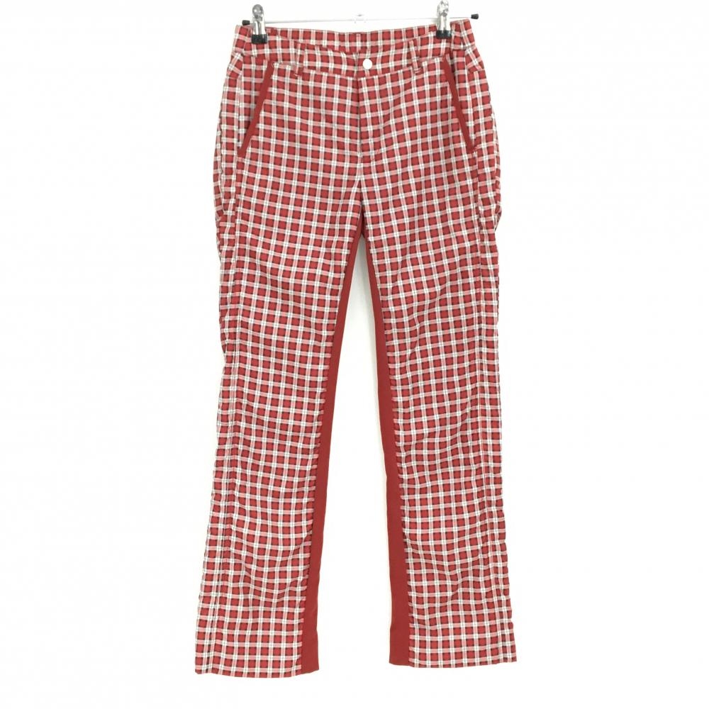 【美品】ヒールクリーク 中綿パンツ レッド×白 チェック ロゴ刺しゅう レディース 40(M) ゴルフウェア Heal Creek