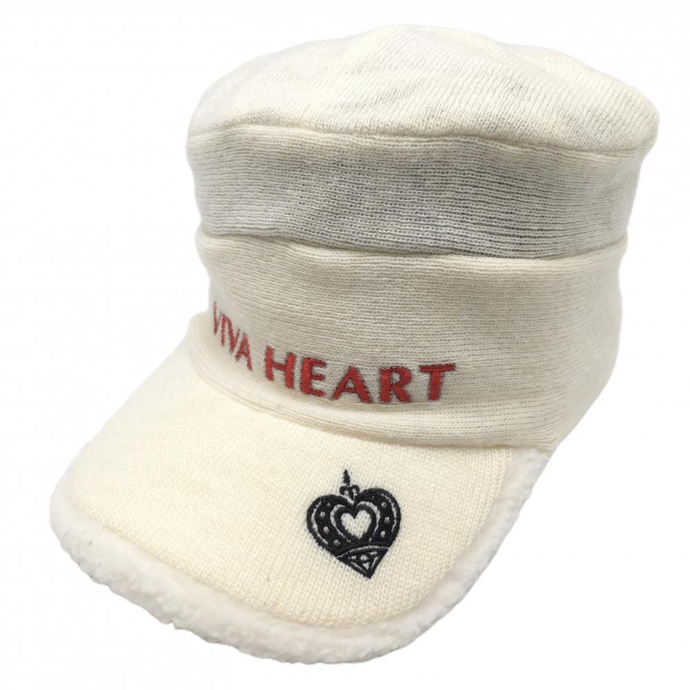 【美品】ビバハート ニットキャップ アイボリー ロゴ刺しゅう つば裏ボア 裏起毛  レディース 40 ゴルフウェア VIVA HEART