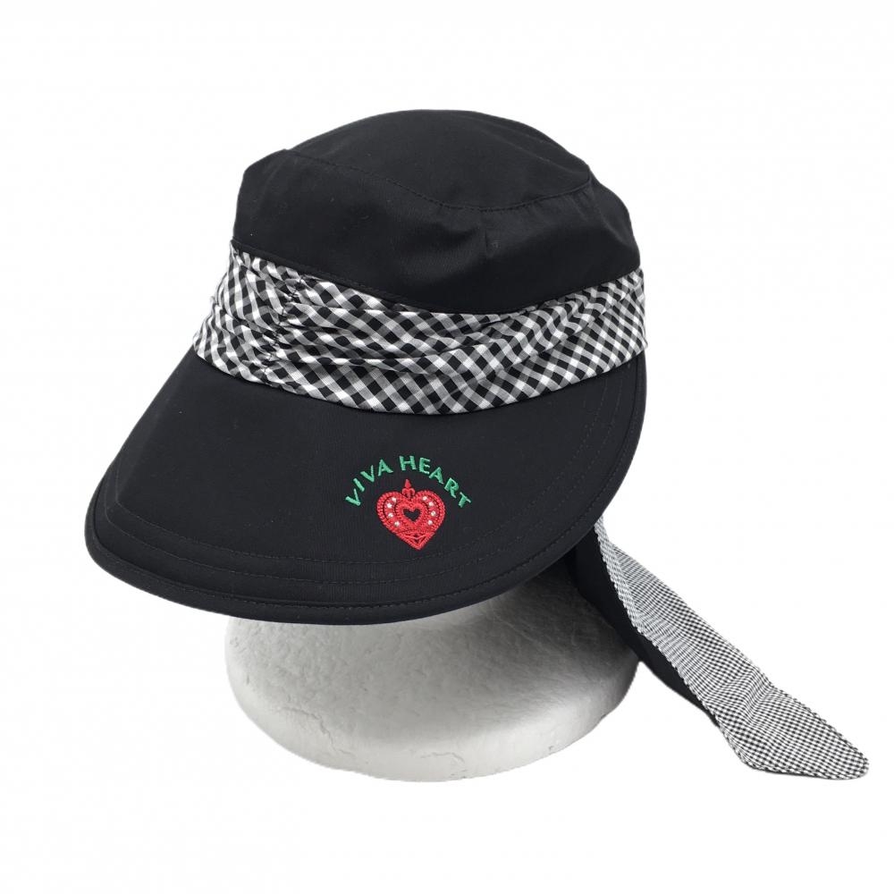 【新品】ビバハート つば広キャップ 黒×白 一部チェック ネックガード着脱可 UVカット レディース 40 ゴルフウェア VIVA HEART