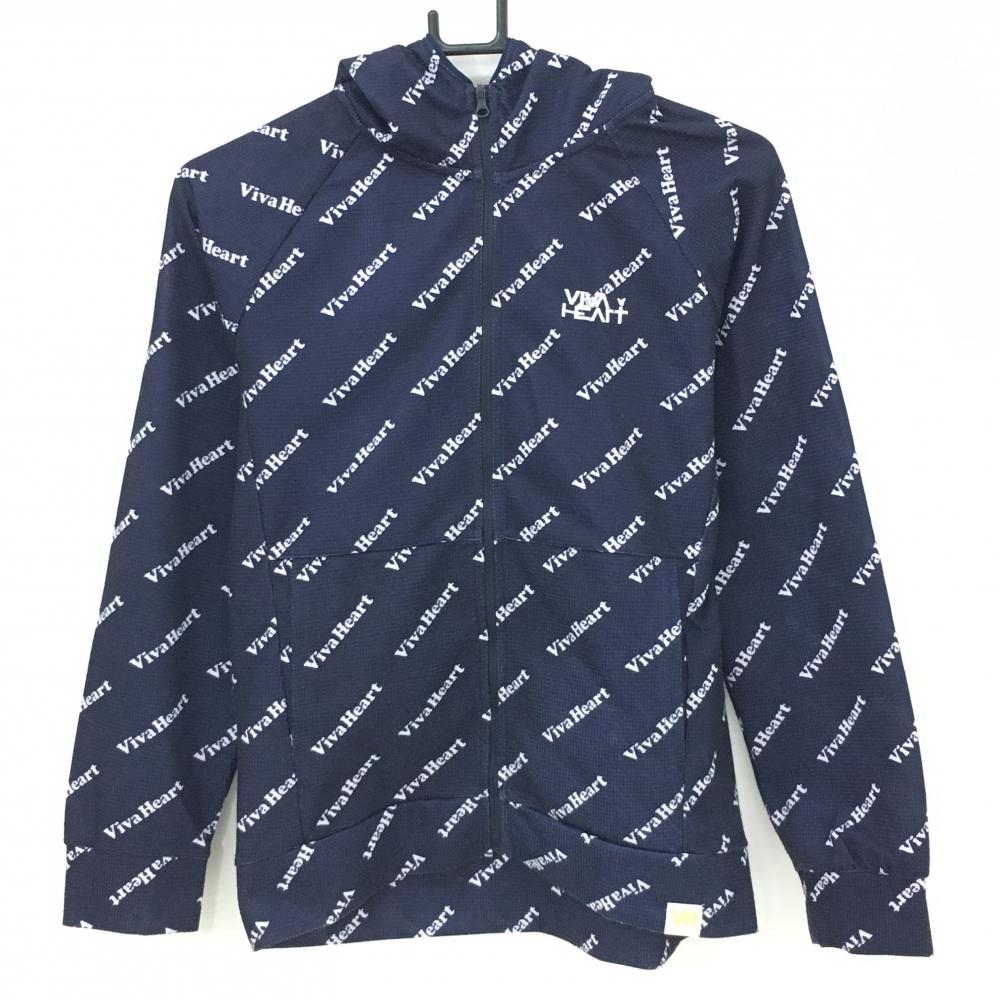 ビバハート ジップパーカー ネイビー×白 ロゴ総柄 ブルゾン レディース 40(M) ゴルフウェア VIVA HEART