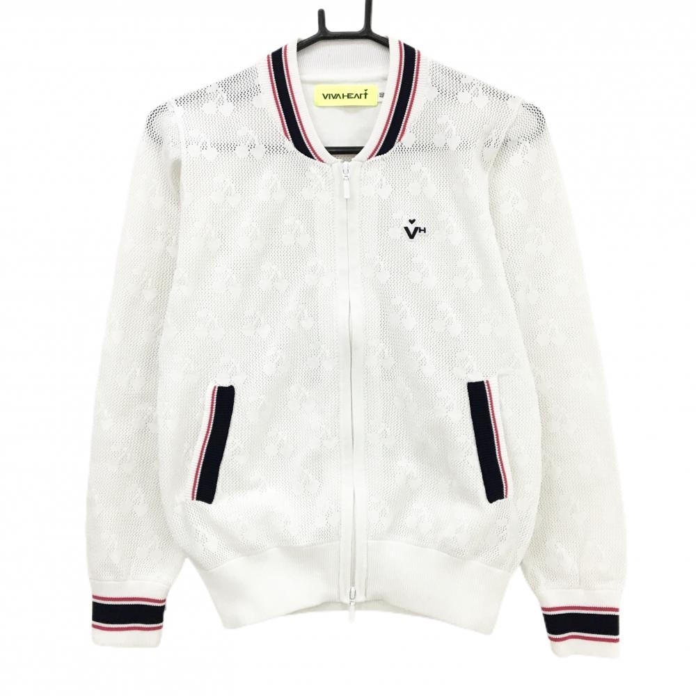ビバハート ニットブルゾン 白×ネイビー 透かし編み チェリー ロゴワッペン  レディース 40(M) ゴルフウェア VIVA HEART