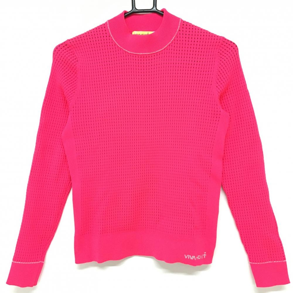 【超美品】ビバハート ハイネックセーター 蛍光ピンク 透かし編み シルバーライン 裾ロゴ  レディース 40(M) ゴルフウェア VIVA HEART