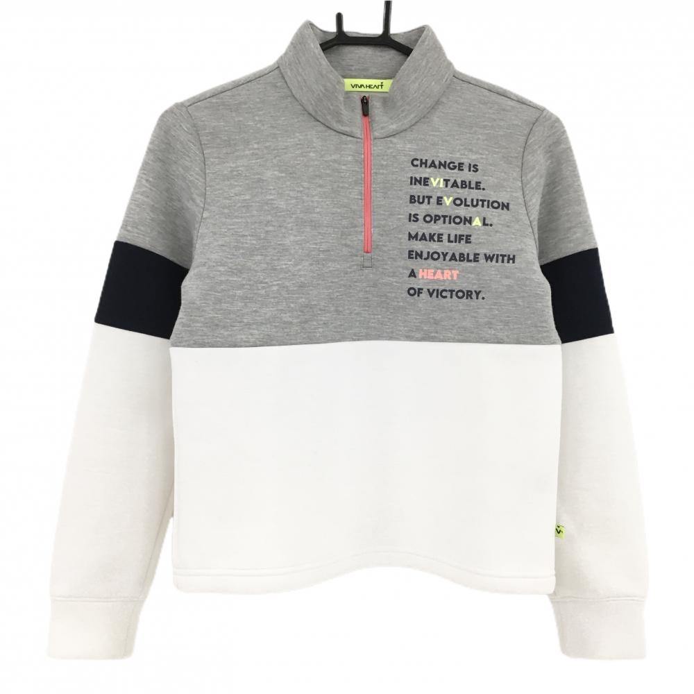【美品】ビバハート ハイネックトレーナー 杢グレー×白×ネイビー ハーフジップ   レディース 40(M) ゴルフウェア VIVA HEART
