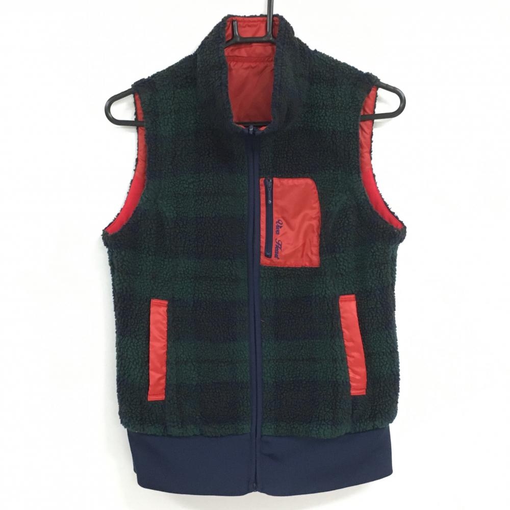 【美品】ビバハート リバーシブルボアベスト ネイビー×グリーン 裏レッド無地  レディース 40(M) ゴルフウェア VIVA HEART