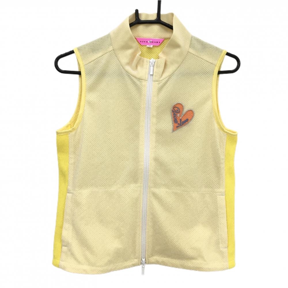 【超美品】ビバハート アウターベスト イエロー×白 メッシュ ハートワッペン ダブルジップ レディース 40(M) ゴルフウェア VIVA HEART
