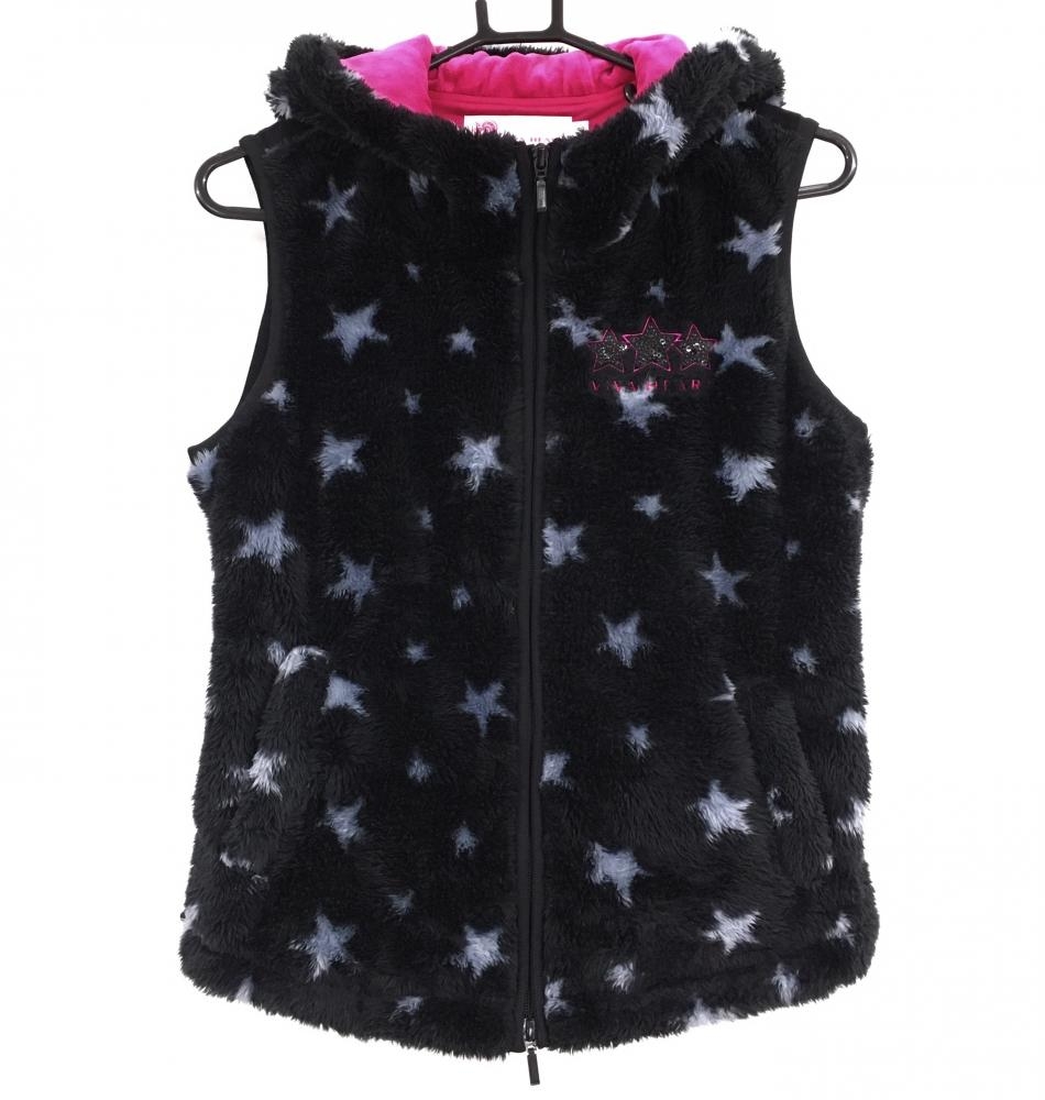 【超美品】ビバハート フード付中綿ベスト 黒×グレー 星柄 ボア  レディース 40(M) ゴルフウェア VIVA HEART