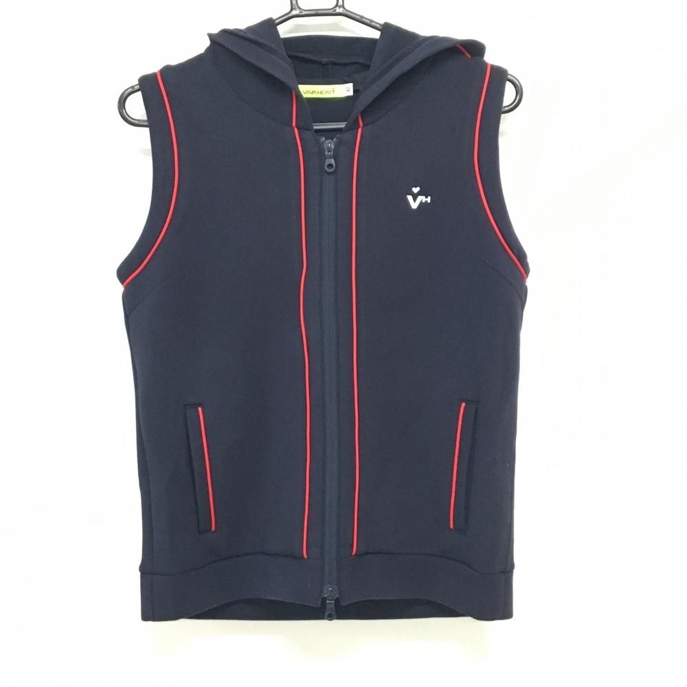 ビバハート フード付きベスト ネイビー×レッド ロゴ ダブルジップ  レディース 42(L) ゴルフウェア VIVA HEART