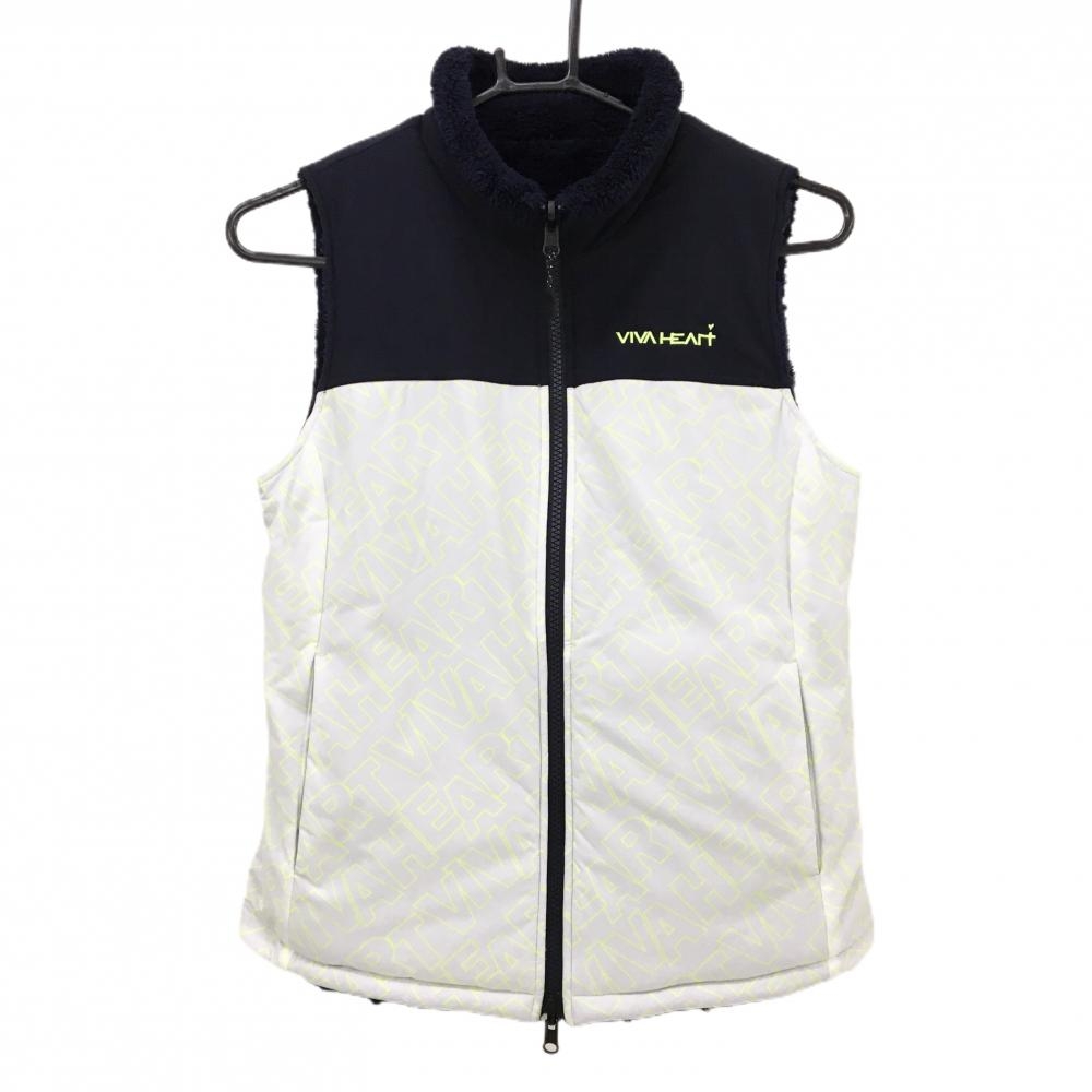 【未使用品】ビバハート リバーシブル中綿ベスト 白×蛍光イエロー×ネイビー 一部英字ロゴ柄 レディース 38(S) ゴルフウェア VIVA HEART